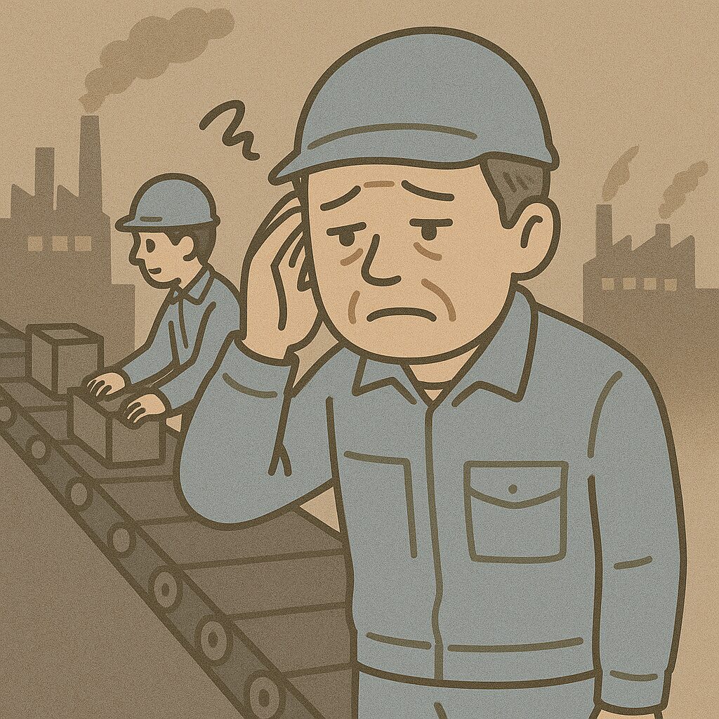 歳を取り工場勤務をしている様子
