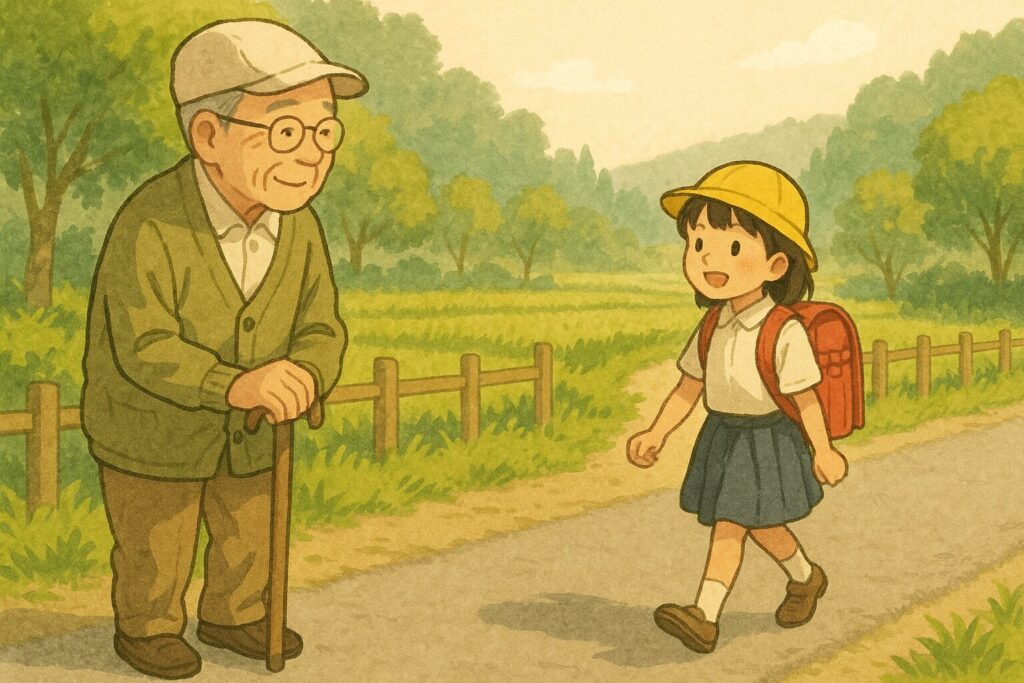 こどもを老人が見守っているイラスト